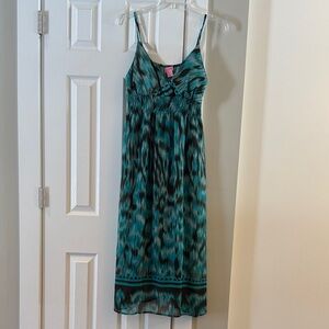 She's Cool Teal and Black Patterned Midi Dress
